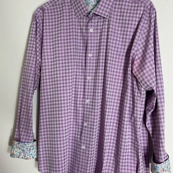 Bugatchi Dress Shirt Men’s Size L Purple Check Flip Turn Contrast Cuff - Picture 3 of 12